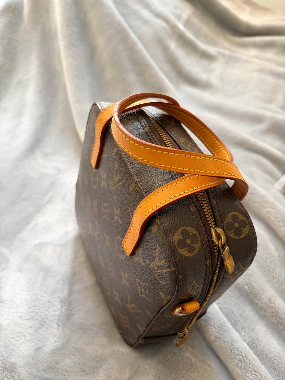 Authentic LV Brown Monogram Handbag with Tan Leather Handles
